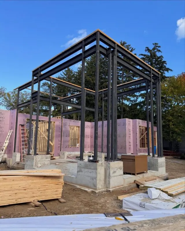 Structural steel frame installed on a residential build